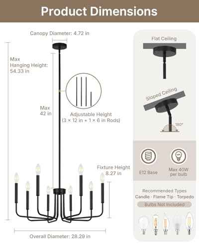 Yunnix 8 Light Black Chandelier, Farmhouse Chandelier for Dining Room Light Fixture Hanging, UL Listed Industrial Modern Chandelier for Bedroom, Foyer, Kitchen, Living Room, No Assembly Required