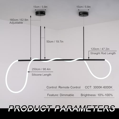 Waveform LED Chandelier Modern Elegance Spiral LED Pendant Light Fixture Modern Adjustable Ceiling Hanging Lamp Black 47.2 Inch DIY Shapes Kitchen Island Lighting with Soft Silicone