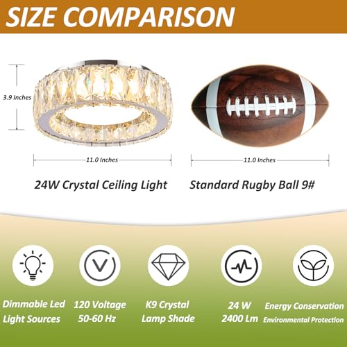 11 Inch Chrome Modern Luxury Crystal Flush Mount Ceiling Light