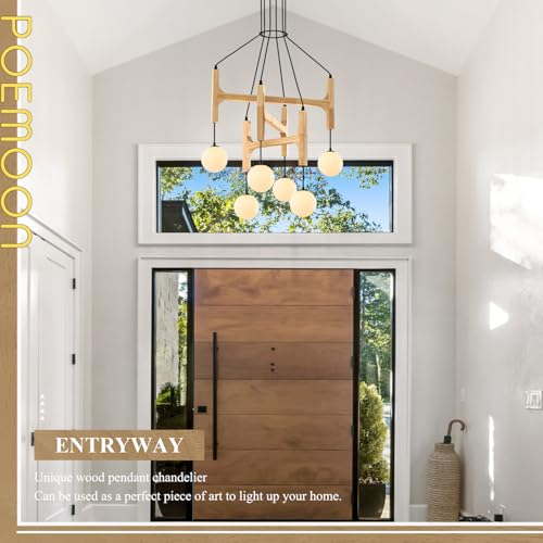 Natural 6 Light Wooden Chandelier with Milk Glass Globe L28 Inch