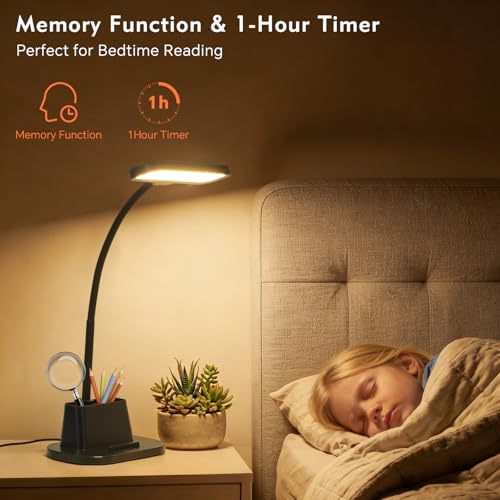 LED Desk Lamp for Dorm Small Desk Lamp with Pen Holder 5 Color Modes Black (Black)
