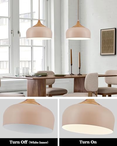 12 Inch Modern Japandi Pendant Light for Kitchen Island Farmhouse Hanging Lamp with Faux Pine Wood Grain Metal Shade