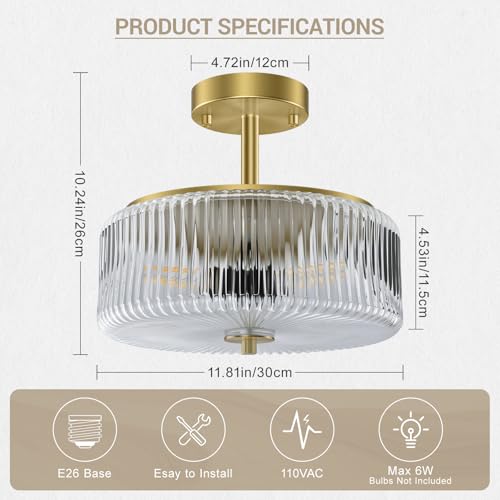 3 Light Semi Flush Mount Ceiling Light (Gold/Clear)