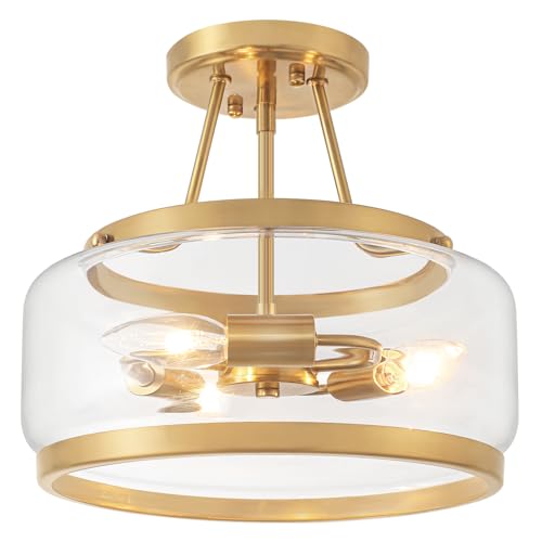 Brushed Gold Semi Flush Mount Ceiling Light Modern Glass Light Fixtures