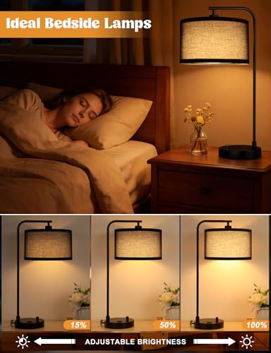Black Table Lamp for Bedroom with USB Port and Outlet