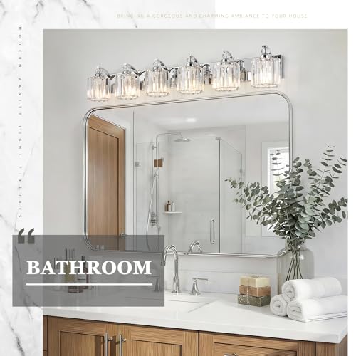 6 Light Modern Bathroom Light Fixture Chrome Vanity Lights Over Mirror Wall Sconce Lighting with K9 Crystal Shades Bathroom Wall Lamp E26 Base for Bedroom