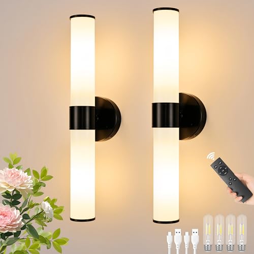 Black Battery Operated Wall Sconces Set of 2 with White Glass Lamp Shade