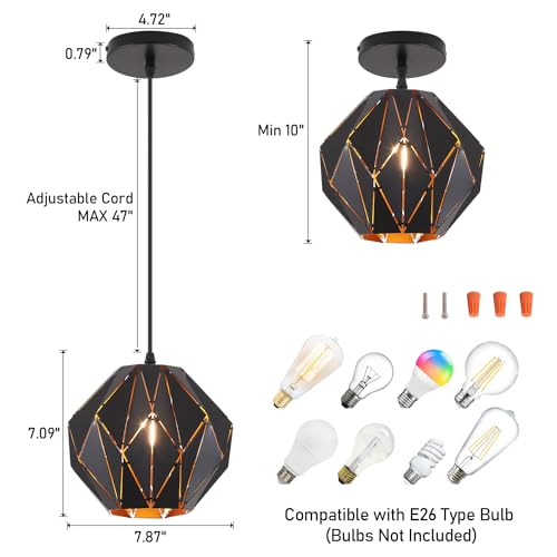 Pendant Light Industrial Vintage Pendant Lamp Retro Farmhouse Ceiling Hanging Light Fixture Black Metal Creative Geometric Diamond Shade Pendant Lighting for Kitchen Island (38.4 Ounce)