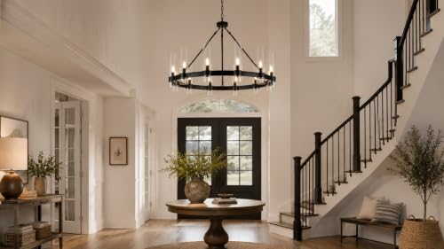 38 Inch Black Wagon Wheel Chandelier with Glass Shade