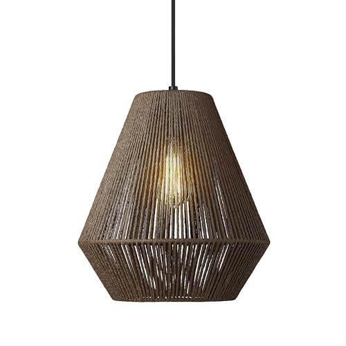 12” Woven Japandi Pendant Light for Kitchen Island Boho Hanging Lamp with Handwoven Rattan Basket Shade Adjustable Pendant Light Fixtures for Dining Room Bar Bedroom Foyer Hallway Dark Brown