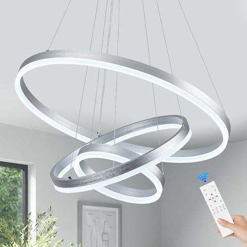 3 Rings Modern LED Chandelier Silver Dimmable Pendant Lighting with Remote Control Circular Flush Mount High Ceiling Light for Dining Room Living Room Entrance Foyer
