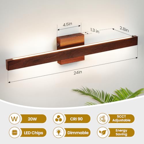 Bathroom Vanity Light 24 Inch Brown Wood Finish Bathroom Light Fixture Over Mirror with Up & Down Lighting 20W Dimmable 5CCT LED Vanity Lighting Fixture Bar for Restroom Bedroom