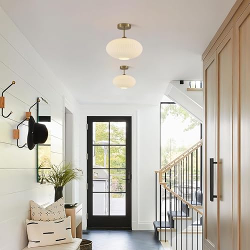Mid Century Modern Brass Semi Flush Mount Ceiling Light Small Ribbed Milk Glass Flush Mount Ceiling Light Gold and White Flush Mount Light Vintage Hallway Lighting Fixtures