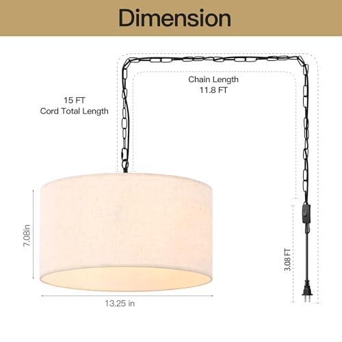 3 Light Plug in Pendant Light with Linen Drum Shade