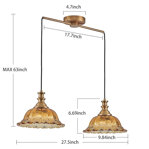 Vintage 2 Light Pendant Light Fixtures Modern Brown Glass Hanging Lighting with Adjustable Cord for Kitchen Island Dining Room Living Room Hallway (2 Count)
