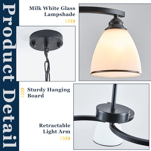 3 Lights Modern Chandelier Light Fixture Matte Black Retractable Round Chandelier Rustic Hanging Lamp Adjustable 59" Max Pendant Ceiling Light for Kitchen Island Dining Room Table Hallway