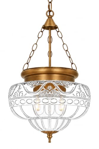 3 Light Brushed Antique Brass Pendant Light Fixtures with 12In Unique Thickened Glass