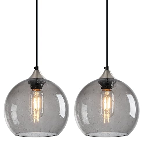 Light Grey Glass Pendant Lights Kitchen Island Lighting Globe Pendant Light Fixtures Modern Pendant Lighting for Bedroom Living Dining Room Light Fixture (2 Count)