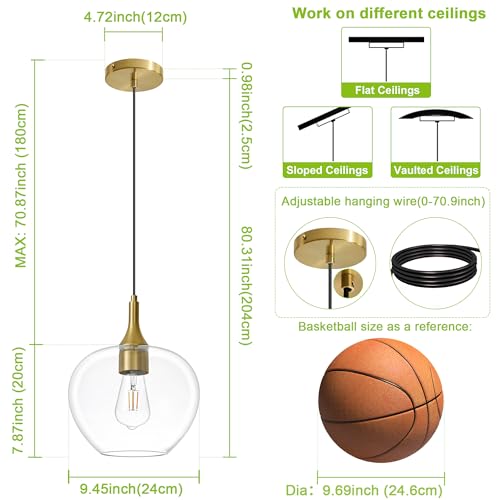 9.45in Gold Pendant Lights Kitchen Island with Clear Glass Shade 1Pack