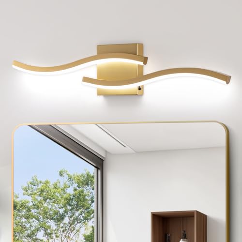Gold Curved Bathroom Vanity Light Fixture Over Mirror
