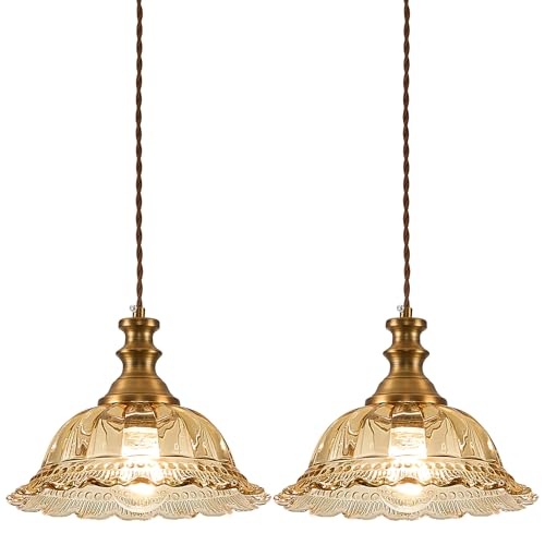 Glass Pendant Lights Modern Pendant Lighting Fixtures Hanging Lamp for Kitchen Island Bedroom Dining Room Coffee Shop Hallway Amber and Brass 2 Pack (2 Count)