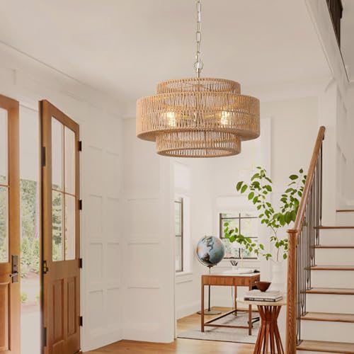 17.7"Large Boho Rattan Farmhouse Chandeliers for Dining Room