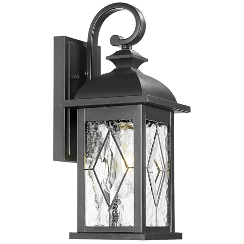Outdoor Wall Lights Black Exterior Lighting Fixtures with Clear Water Ripper Glass 15 Inch Height Exterior Wall Sconce Light fixtures for House Porch and Garage E26 Socket