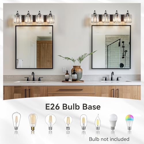 4 Light Black Bathroom Light Fixtures Over Mirror Modern Vanity Lights Crystal Wall Sconce Vintage Bathroom Lighting with Crystal Shade E26 Base for Bedroom