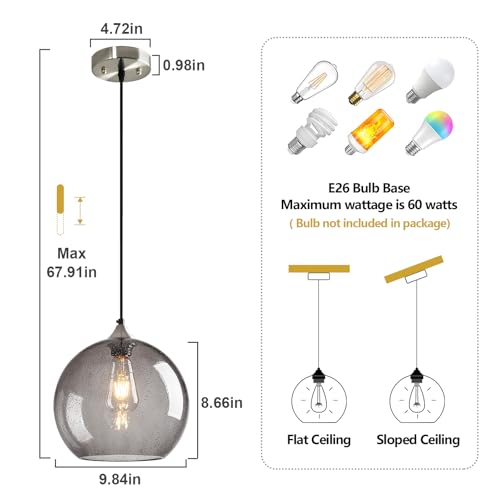 Light Grey Glass Pendant Lights Kitchen Island Globe Pendant Light Fixtures Modern Pendant Lighting for Bedroom Living Dining Room Light Fixture (2 Count)
