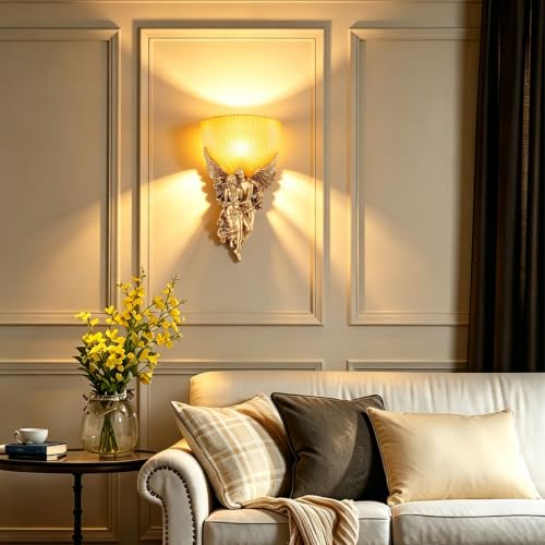 Antique Wall Sconce Light Vintage Sconces with Frosted Glass Shade Gold Angel Shape Design Mid Century Modern Wall Light Unique Resin Finish Indoor Deco Lighting for Living Room Bedroom