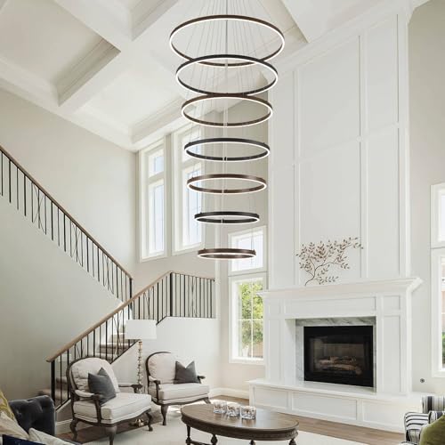7 Ring LED Chandelier Black Walnut Wood Chandeliers Large Dimmable