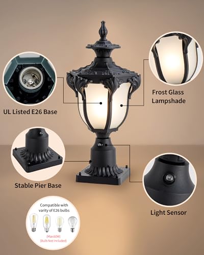 22" Black Dusk to Dawn Outdoor Post Light Fixture Vintage Large Waterproof Exterior Pole Lamp Fixture Mount Posts Lantern Head with Frosted Glass for House Garden Patio Pathway Yard Garage