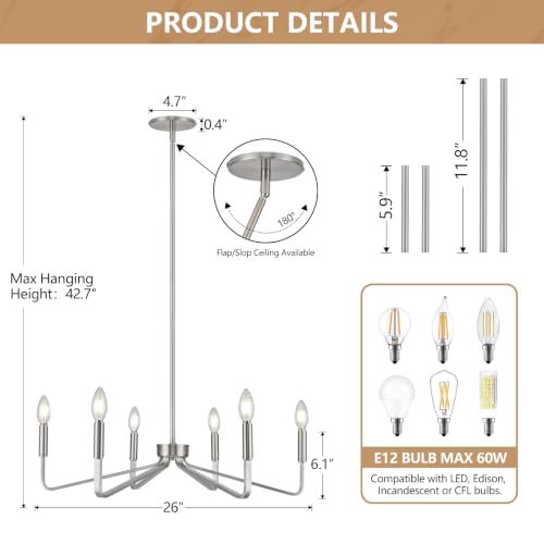6 Light Brushed Nickel Candle Chandelier for Dining Room