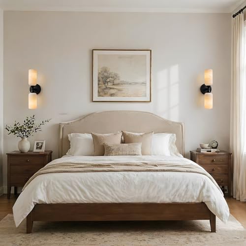 Natural Alabaster Wall Sconce 15in Marble Bathroom Vanity Sconce Black E26
