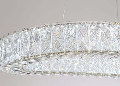 Modern Oval Crystal Chandelier for Dining Room Dimmable LED Chandeliers Rectangular Pendant Light Fixture with Remote for Living Room Kitchen Island Silver