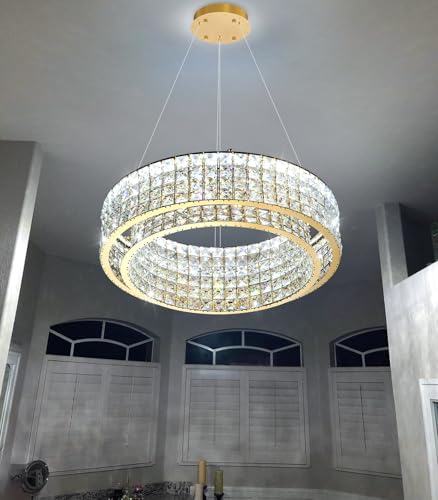 W24 Modern Chandeliers for Living Room LED Dimmable Pendant Lighting High Ceiling Chandelier for Dining Room Foyer Hallway Crystal Rectangle Light Fixtures Gold