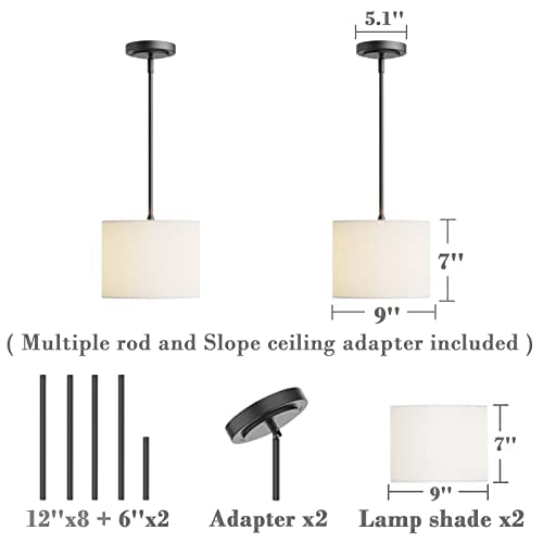 9" Dia White Linen Drum Shade Hanging Pendant Light Fixture with Black Pole Kit (2 Count)