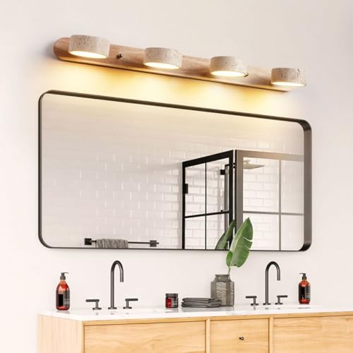 Farmhouse Wood Vanity Light 4 Lights Natural Stone Shade