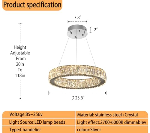 Modern LED 23.6" Ring Chandelier for Dining Room Living Room Dimmable Crystal Pendant Light Adjustable Round Chrome Crystal Chandelier