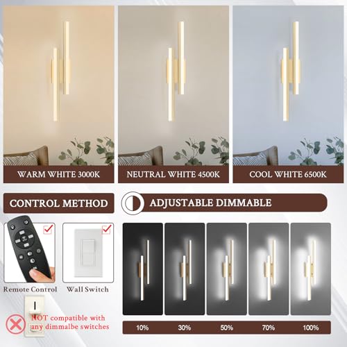 LED Wall Sconce Set of 2 Gold Remote Modern LED Vanity Lights Set of 2 Indoor Wall Light Fixtures for Living Room