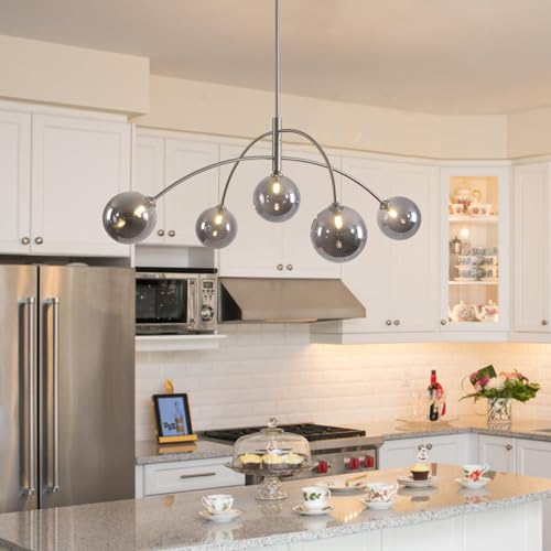 Modern Silver Chandelier 5 Light Smoke Gray Semi Flush Mount Chandelier Vintage Industrial Ceiling Light for Dining Room Kitchen Bedroom Hallway