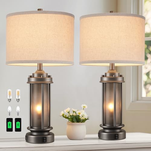 Set of 2 Farmhouse Bedroom Table Lamps with 2 USB C+A Ports (2 Count)