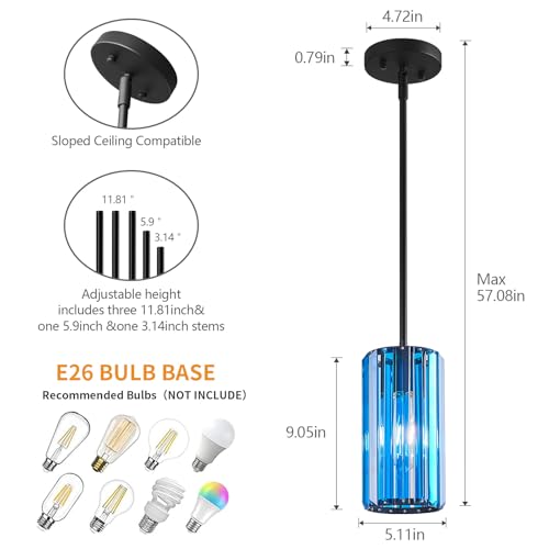 Modern Crystal Pendant Light Mini Dark Blue Chandeliers Adjustable Pendant Lights Fixture for Kitchen Island Dinning Room Corridor Bedroom (3 Count)