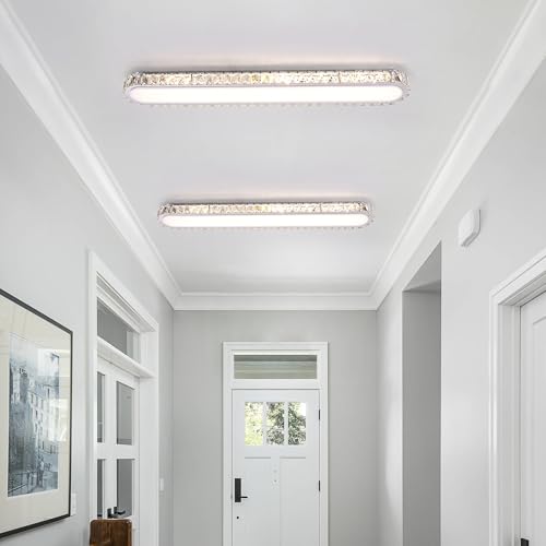 Dimmable LED Ceiling Light 39.4'' Kitchen Lighting Fixtures Ceiling Modern Luxury Crystal Ceiling Light with Remote Chrome Long Ceiling Light Fixture for Kitchen Dining Room Hallway
