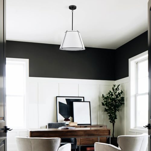Modern 3 Light 16" Black Pendant Light White Linen Drum Adjustable