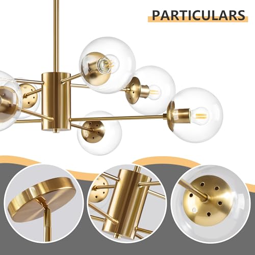 8 Light Globe Sputnik Chandelier Modern Gold Sputnik Chandelier Mid Century Globe Pendant Light Brushed Brass Finished with Clear Glass Lampshade Chandeliers for Kitchen Bedroom (8 Count)