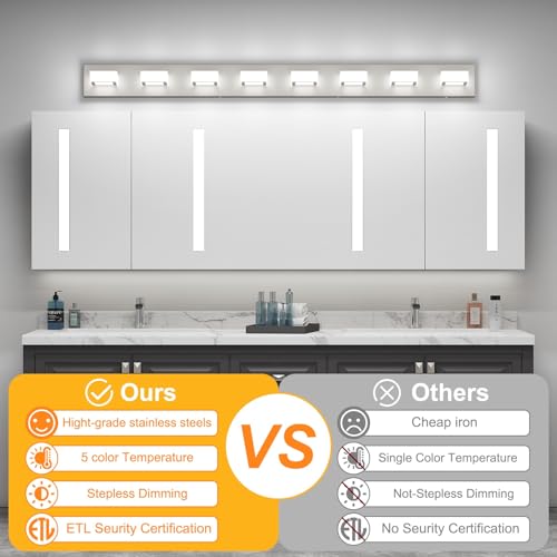 52inch Brushed Nickel Vanity Lights 8 Lights Dimmable 5 Color Temperature Acrylic Modern LED Bathroom Vanity Lighting Fixtures Brushed Nickel