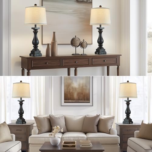 28" Tall Farmhouse Table Lamps Set of 2 with USB C+A Ports and AC Outlet (2 Count)