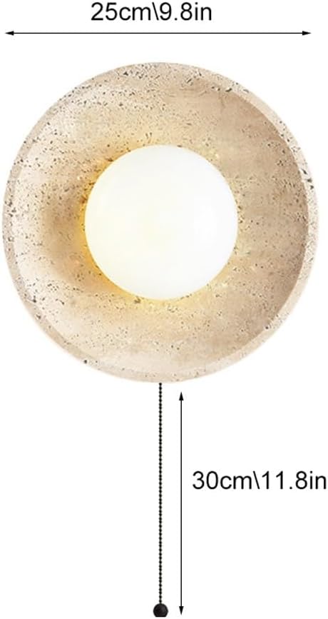 Japanese Wabi-Sabi Style Marble Wall Sconce, Retro Round Wall Light Yellow Travertine Indoor Wall Lamp, Natural Stone Wall Mounted Lamps with Pull Switch for Bedroom Living Room