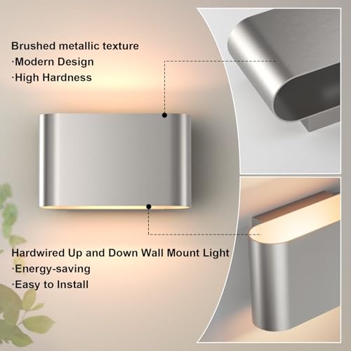 Nickel Modern LED Wall Sconces Set of 2 Indoor Wall Lights Hardwired Up and Down Wall Mount Light for Living Room Bedroom Hallway Corridor Conservatory Warm White 3000K (2 Count)